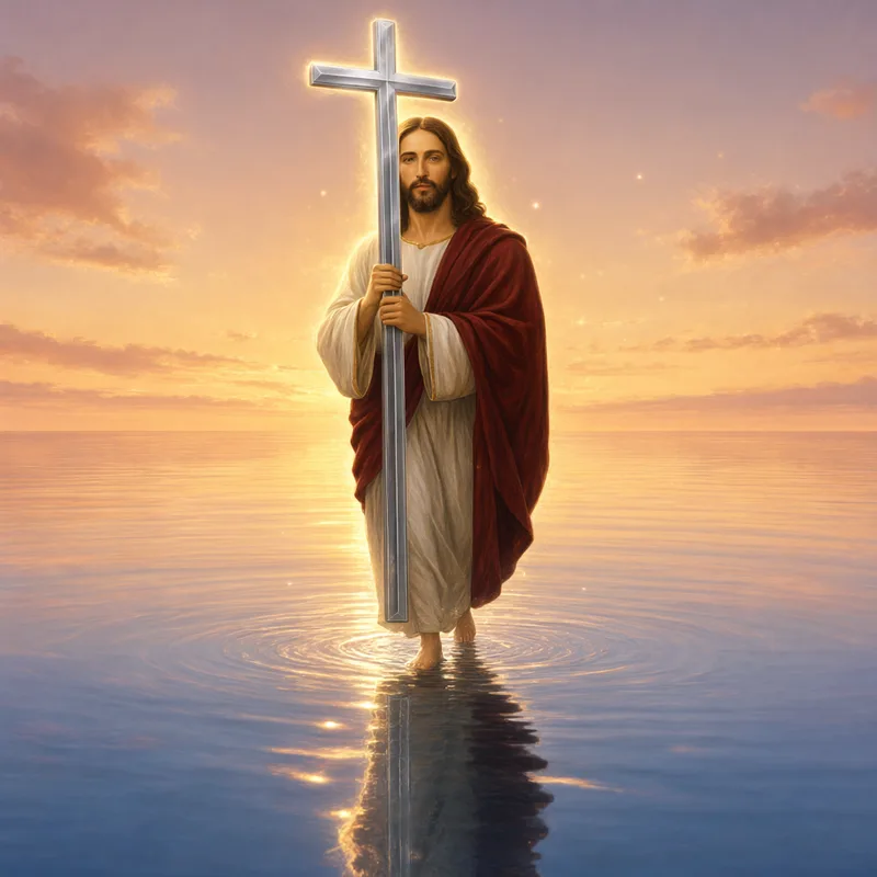Jesus walking on water holding the cross