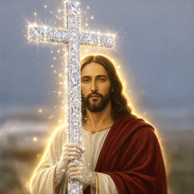 Jesus holding a diamond cross with diamond hands