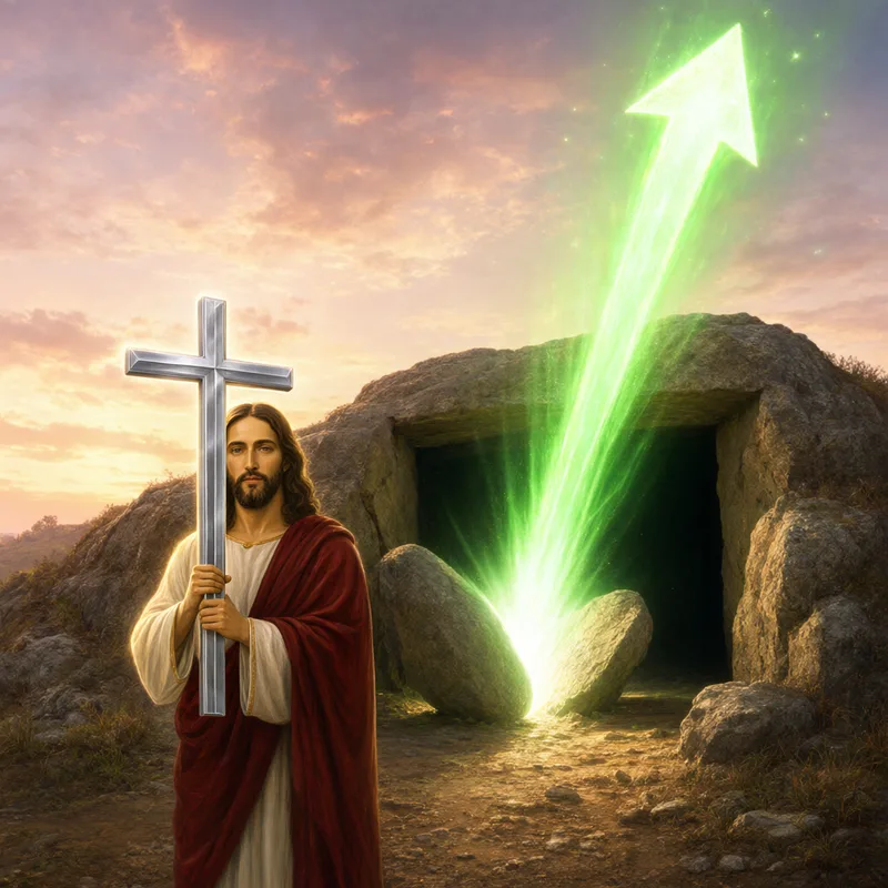 A green arrow bursting out of the tomb
