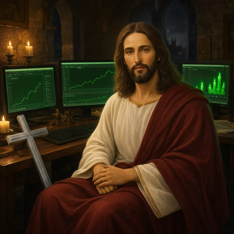 Jesus at a trading desk with green charts