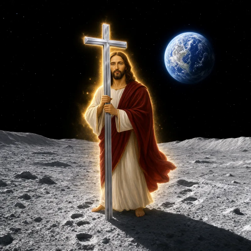 Jesus planting the cross on the moon